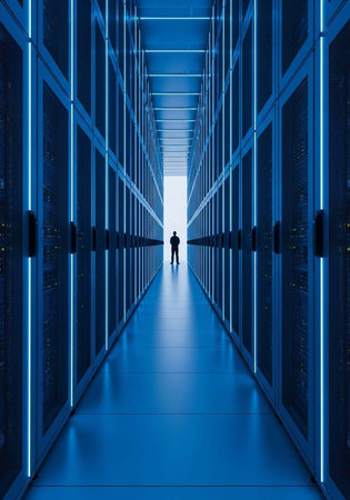 A person stands in a long, blue-lit server room with rows of computer racks