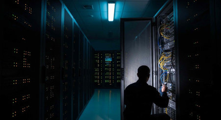 A silhouette of a man working on computer servers in a dark data center