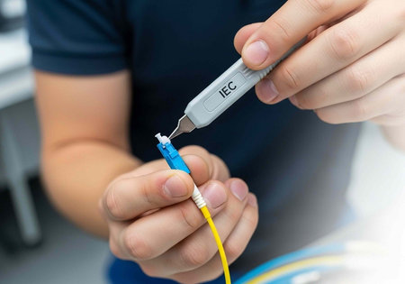 A person is carefully using a tool to strip a fiber optic cable