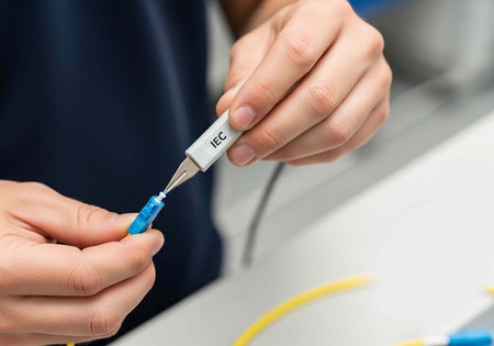A person is carefully connecting a yellow cable to a blue connector with a tool.