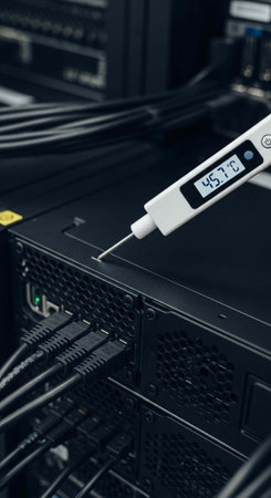 A thermometer measures temperature on a computer server in a data center environment