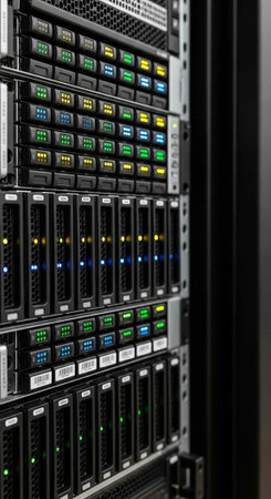 A large server rack with multiple rows of colorful indicator lights in a data center
