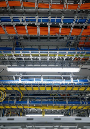 A complex network of colorful wires and cables in a modern data center