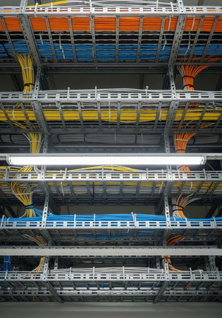 A complex network of colorful wires and cables in a modern data center infrastructure