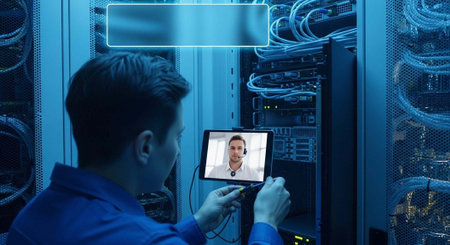 A man in a blue shirt using a tablet in a server room with cables