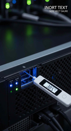 A digital thermometer measures temperature of a computer server in a data center