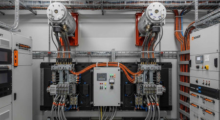 A complex electrical control panel with multiple wires and industrial equipment in a modern facility