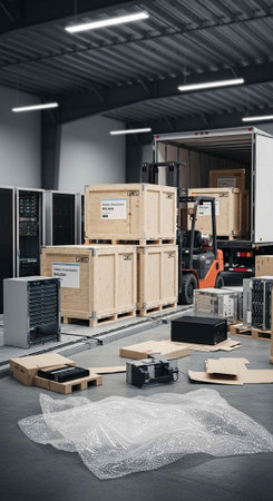 A warehouse interior with a forklift and various boxes and equipment being stored