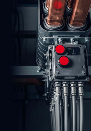 A close-up view of an industrial electrical control panel with red buttons and copper components