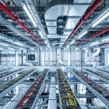 A large industrial room with many cables and pipes on the ceiling and walls