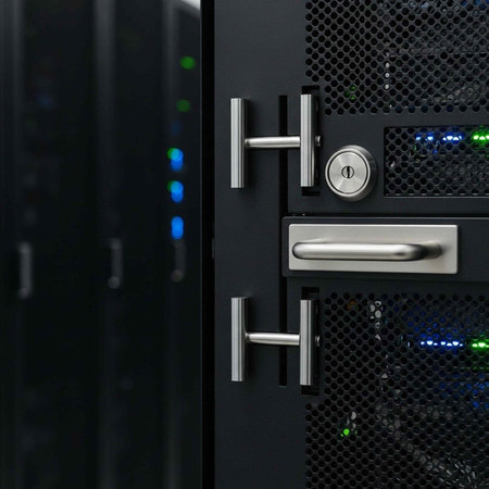 A secure server cabinet with locked doors and illuminated blue and green lights