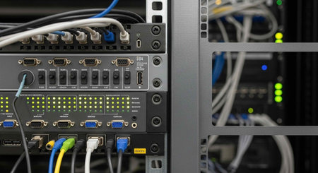A close-up view of a server with various cables and wires connected to it