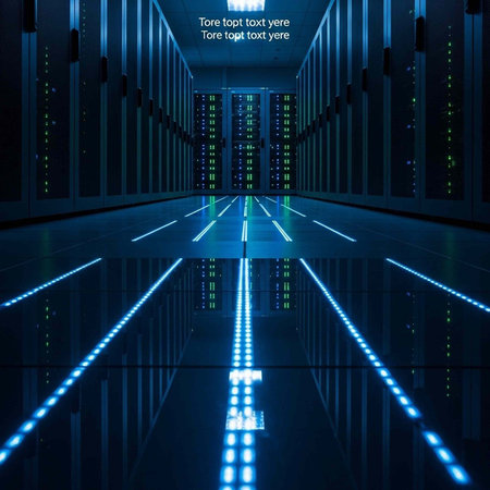 A dark server room with blue lights reflecting off the floor and walls