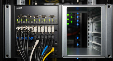 A close-up view of a server with cables and wires connected to it