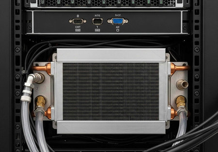 A close-up view of a computer's internal liquid cooling system and ports