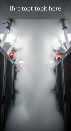A modern data center with fog machines creating a misty atmosphere for cooling