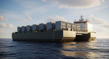 A large cargo ship transporting containers across the open ocean under a cloudy sky