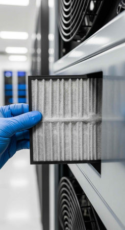 A gloved hand holding a dirty air filter in front of a server roomの写真素材