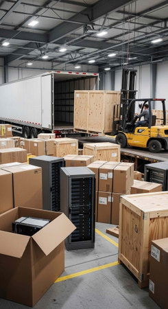 A warehouse worker operates a forklift among stacks of cardboard boxes and crates