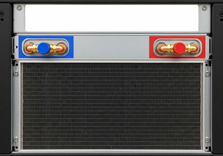 A close-up view of a modern industrial radiator with colorful accents