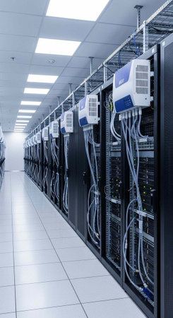 A modern data center with rows of server racks and cooling systems