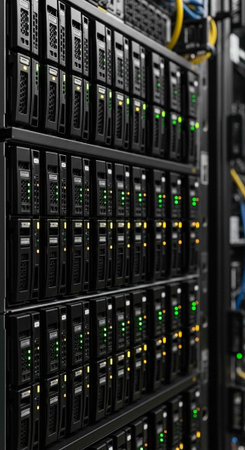 A large server room with multiple rows of computer servers and cables