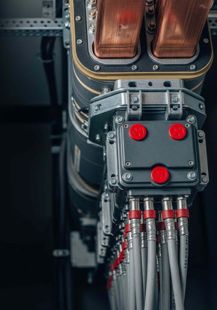 A close-up view of an industrial electrical control box with red buttons and cables