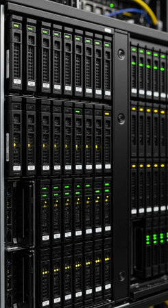 A close-up view of a large server with multiple rows of blinking lights and cables