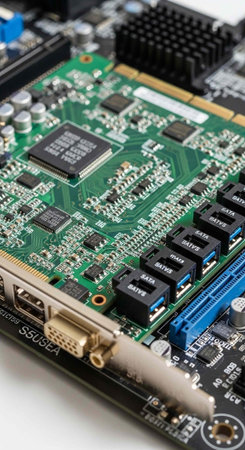 A close-up view of a computer motherboard with various components and circuitry
