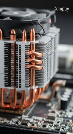 A close-up view of a computer's CPU cooler on a motherboard with copper heatpipes