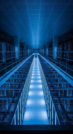 A long, blue-lit corridor in a modern data center with rows of computer servers