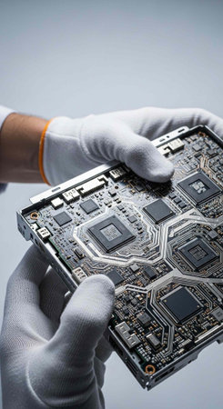 A gloved hand carefully holds a computer circuit board with intricate microchips and wiring.