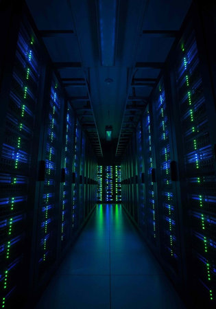 A dark server room with rows of computer servers and blue green lights