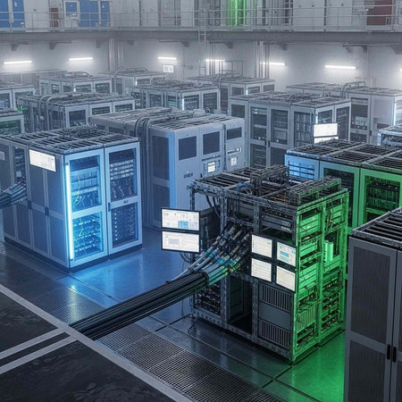 A large data center with rows of computer servers and networking equipment
