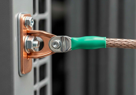 A close-up view of a green and copper electrical cable connected to a metal terminalの写真素材