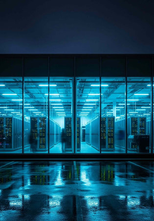 A large, dimly lit server room with blue lights and glass windows at night