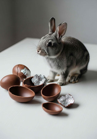 Adorable gray rabbit sitting beside broken chocolate Easter eggs on a white table surfaceの写真素材