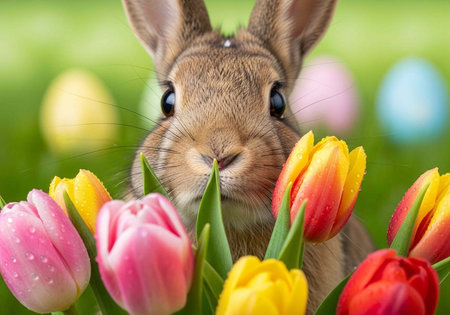 Close-up of a cute brown bunny peeking through a bouquet of pink, yellow, and red tulips.