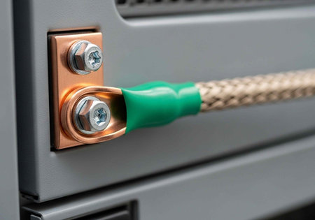 A close-up view of a green cable connected to a gray metal device