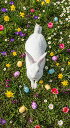 A white rabbit stands amidst vibrant flowers and Easter eggs on a lush green lawn.