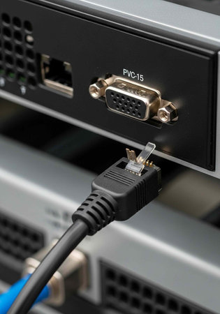 A close-up view of a computer cable connected to a PVC-15 port on a server
