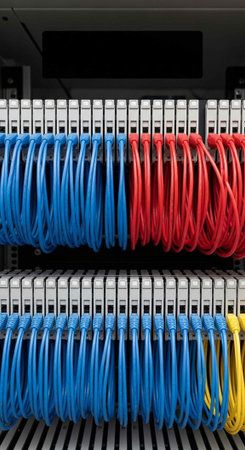 A neatly organized server room with colorful cables and modern equipment