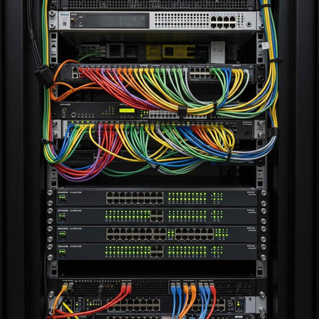 A close-up view of a server rack with colorful cables and networking equipment