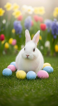 A white rabbit sits on green grass amidst colorful Easter eggs and a blurred flower background.