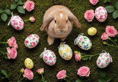 A light brown bunny sits on green moss surrounded by decorated eggs and pink roses.