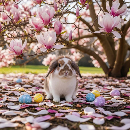 Fluffy rabbit sitting under a magnolia tree with pink flowers, colorful Easter eggs, and petals.の写真素材