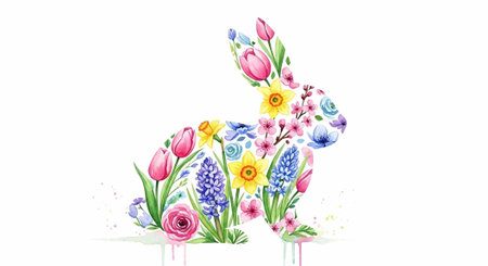 Whimsical watercolor bunny made of vibrant flowers and greenery on white backgroundの写真素材