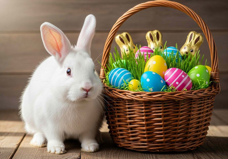 A white rabbit sits next to a brown wicker basket filled with colorful Easter eggs and grass