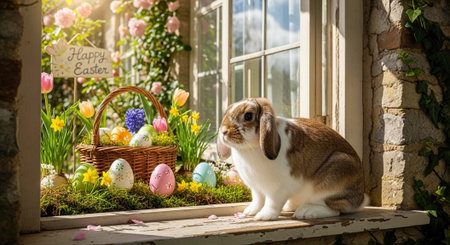 Brown and white rabbit sitting on windowsill with Easter eggs, basket, and flowers outside.