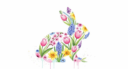 Whimsical bunny shape made of vibrant flowers, tulips, and greenery on plain white backgroundの写真素材